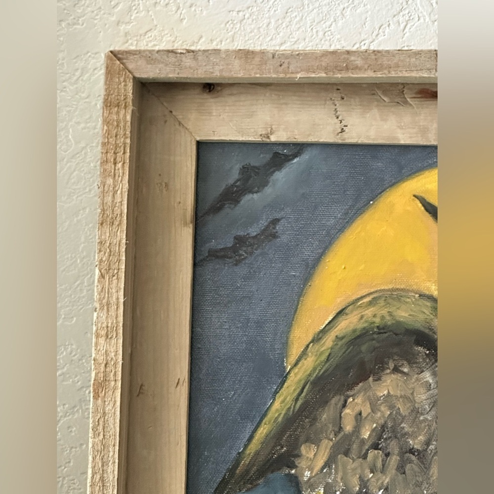 OIL PAINTING SIGNED Reclaimed Wood Framed Owl Painting With Yellow Moon Harvest - Picture 6 of 11